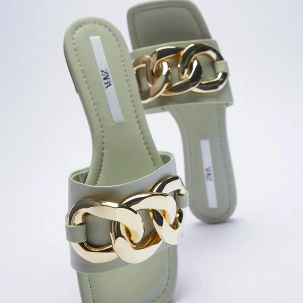 Zara Mint Green Sandals with Gold Chain Accent - Picture 1 of 10